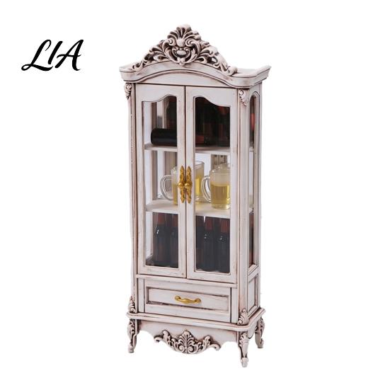 European Style Doll Mansion Accessory Miniature Curio Cabinet, 1/12 Scale Mini Wine Wooden Tiny Display Cabinet with Collectible Case Drawer,