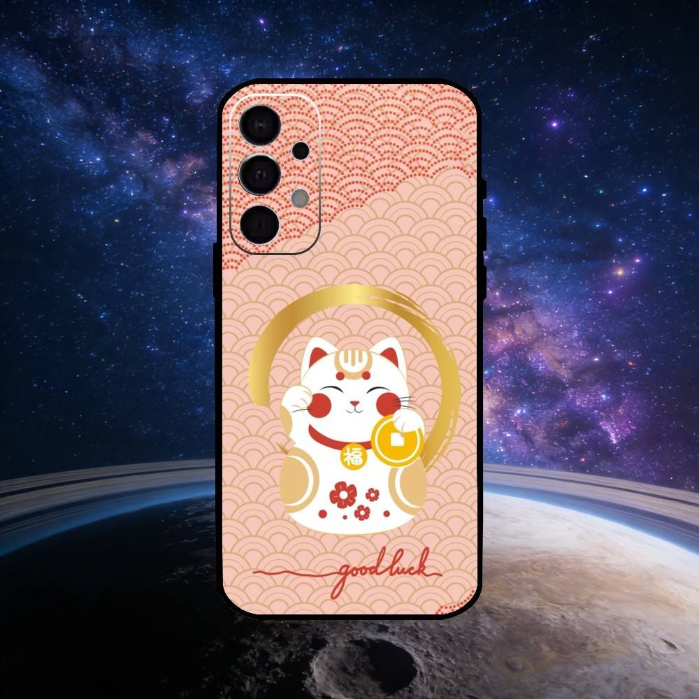 Cute Lucky Maneki Neko Cat Phone Case For Samsung S25,S24,S23,S22,S21,S20,Ultra,Plus,FE Black Soft Cover
