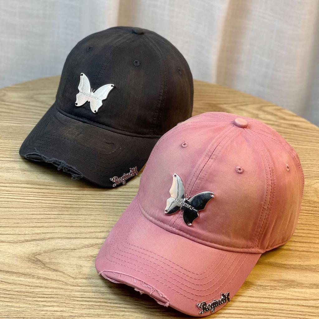 Gradient color hat for girls with butterfly decoration, niche duckbill cap, sweet and cool style, soft top baseball cap, large head circumference,