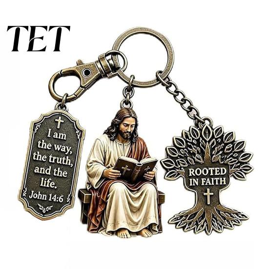 Tree of Life Pendant 3-In-1 Jesus Reading Keychain, Vintage Man Scripture Baptismal Keychain Car Key Ring Handbag Charm, Gift for Christian