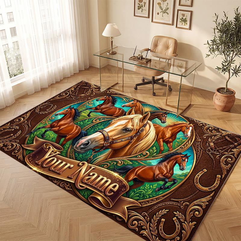 Horse Theme Soft Crystal Velvet Rug Custom Name & Text Print Non Slip Floor Rug for Bedroom Living Room
