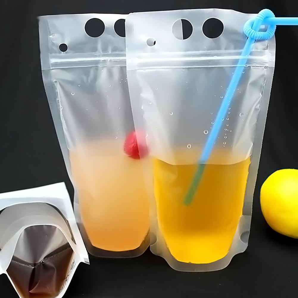 100pcs Clear Drink Pouches Bags Frosted Zipper Stand Up Plastic Drinking Bag with Straws