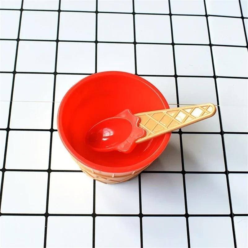 Ice Cream Bowl Set Double Layer Plastic Cup Creative Mixing Bowl Ice Cream Cone Shape DIY Ice Cream Tools Icecream Bowl Spoon