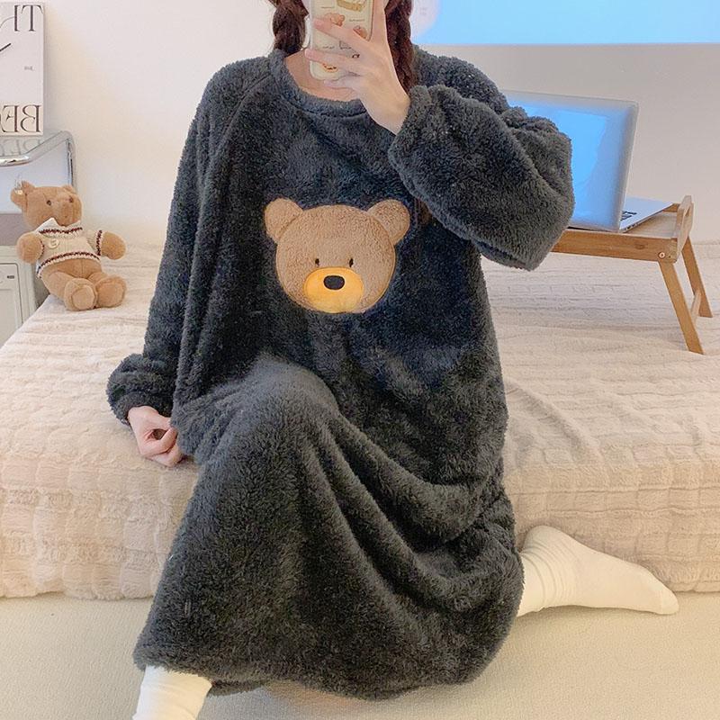 2024 Осень Зима Мультяшный принт Ночные рубашки и пижамы для молодых девушек Теплая фланелевая ночная рубашка с длинным рукавом Женская одежда для сна Рубашка Домашняя одежда Clohtes