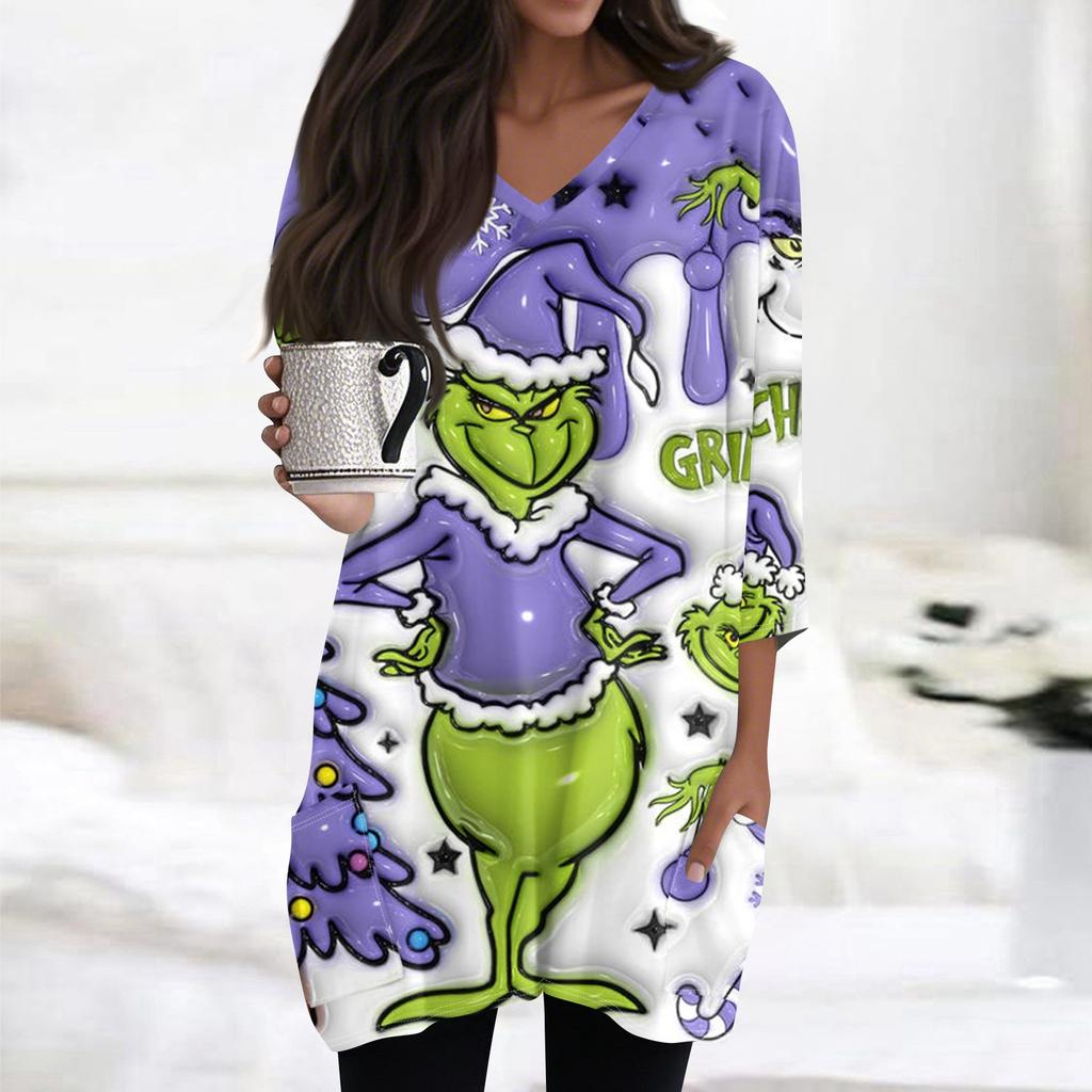 Женские топы с V-образным вырезом и рукавом 3/4, повседневные блузки средней длины, модные туники с рождественским принтом и карманами