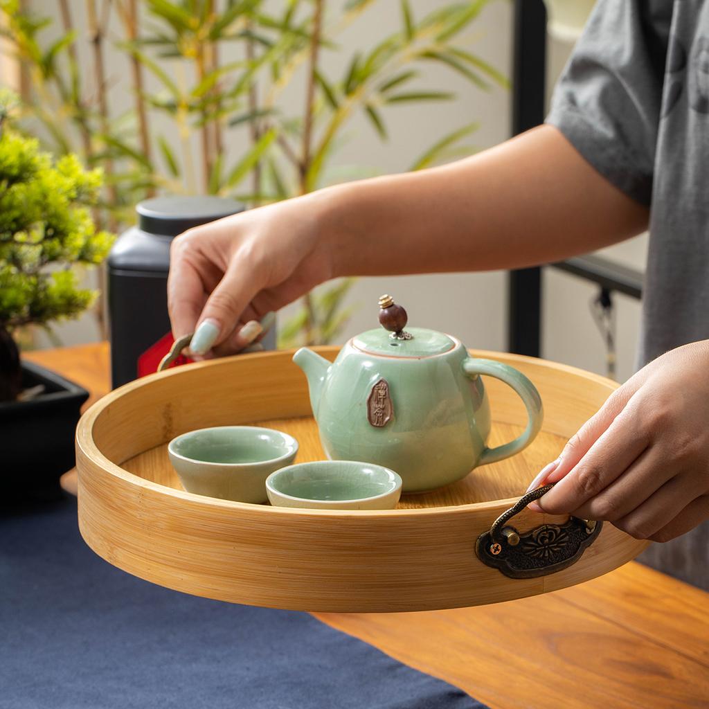 Round Storage Tray, Multiple Sizes with Metal Handles, Perfect for Food Drinks Coffee Tea, Cake, Cheese, Bread, Etc., Kitchen