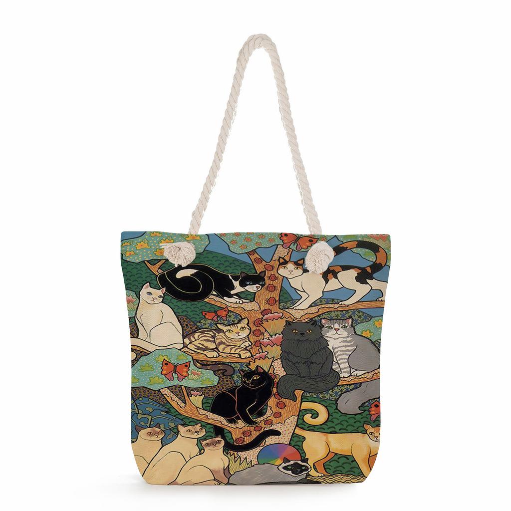 Cartoon cat print thick rope single-shoulder beach bag 7252