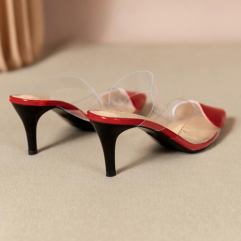 Весенние модные простые лакированные кожаные полутапочки персикового цвета с острым носком в форме сердца, женские сандалии Baotou на высоком каблуке на тонком каблуке, удобная элегантная обувь