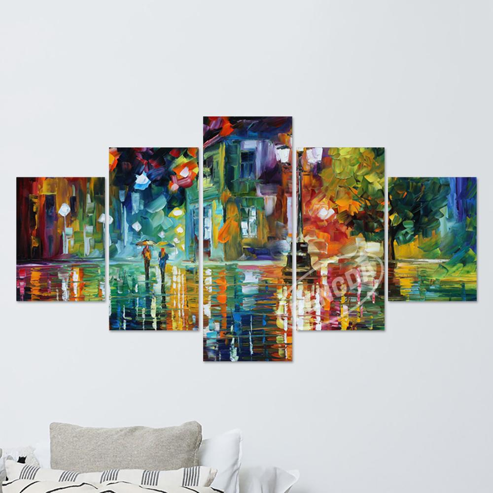 Печать на холсте, постер, домашний декор, настенное искусство, 5 шт., «Прогулка под дождем», ночной пейзаж, абстрактные цветные картины с деревом