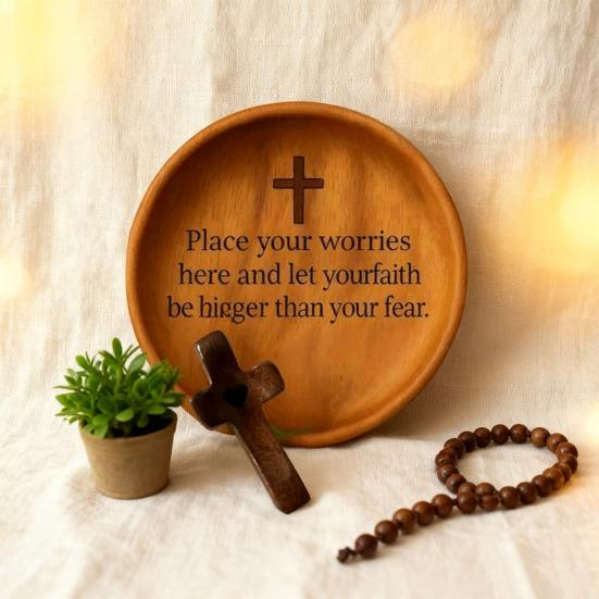 Wooden Prayer Bowl Farmhouse Rustic Handcrafted Bible Verses Faith Bowl Round Decorative Scripture Blessing