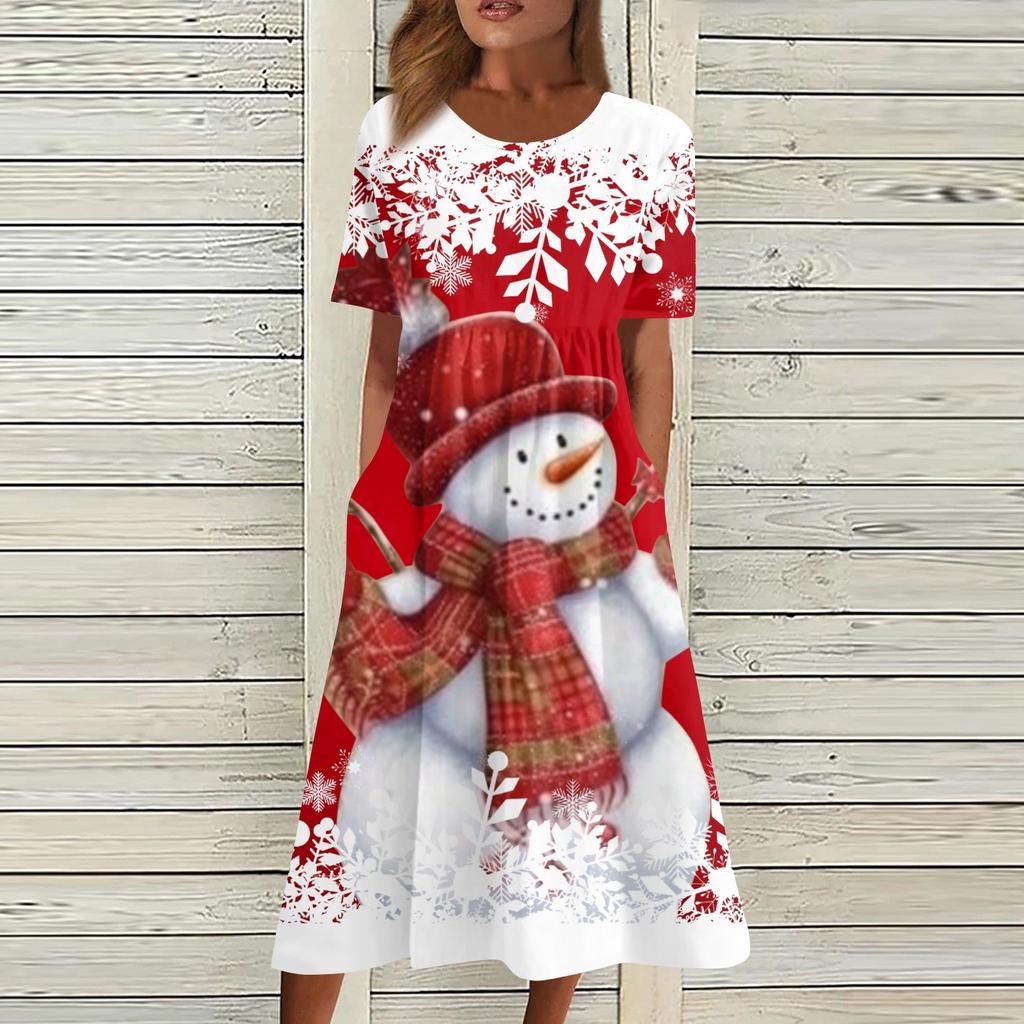 Women's Casual Fashion Christmas Print O-neck Dress