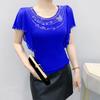 Летняя Новая Элегантная Футболка из Сетки с Короткими Рукавами и Круглым Вырезом Модные Рюши Горячие Бриллианты Женские Футболки Шикарные Рукава-Бабочки Повседневные Топы
