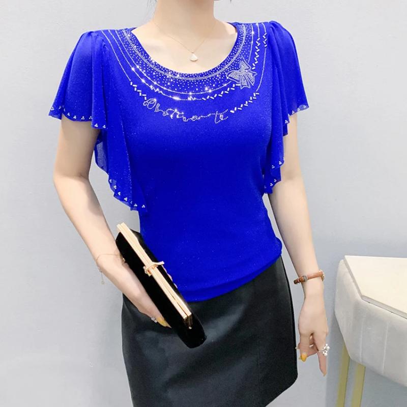 Летняя Новая Элегантная Футболка из Сетки с Короткими Рукавами и Круглым Вырезом Модные Рюши Горячие Бриллианты Женские Футболки Шикарные Рукава-Бабочки Повседневные Топы