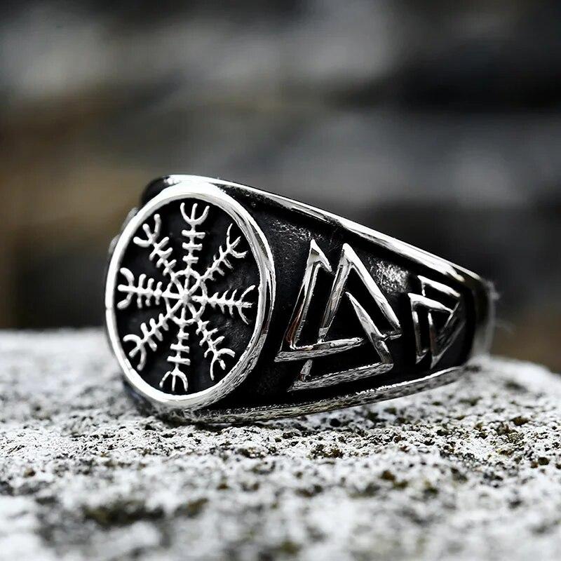 Men Biker Nordic Viking Rings Stainless Steel Retro Nordic Ethnic Belief Odin Viking Rune Ring Men Amulet Jewelry