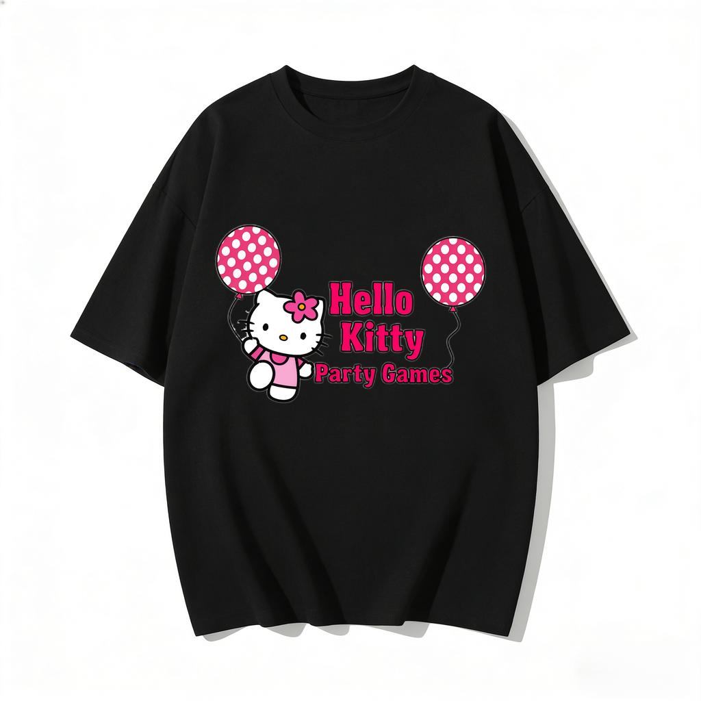 2026 New Hello Kitty Party Games Balloon Cartoon Print Tshirt Family Matching Outfits Casual Short Sleeve Tee for Women Unisex Kid