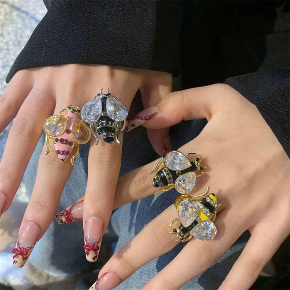 Y2K Style Vintage Bee Ring Enamel Design Colorful Bee Ring Rhinestone Bee Ring Punk Style
