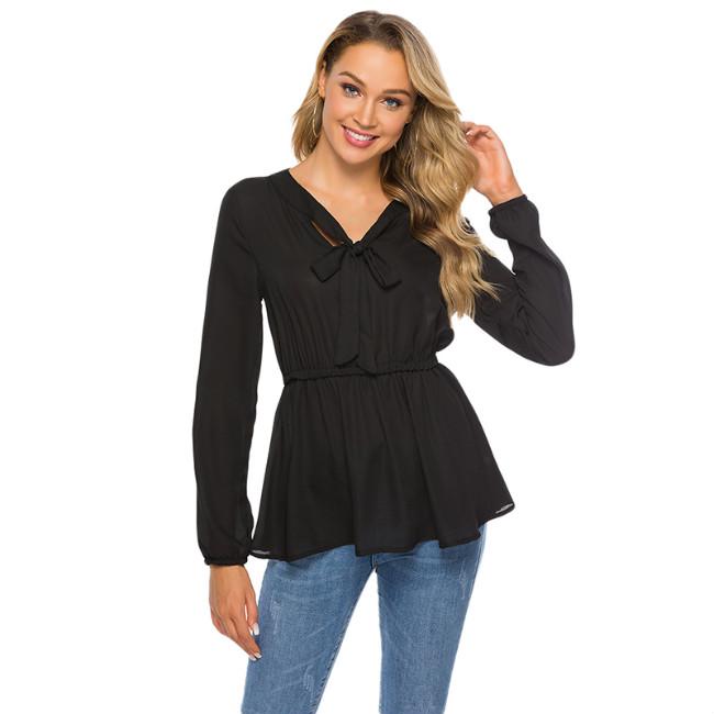 Summer Sexy Fashion Casual V Neck Tie Waist Long Sleeve Shirt Long Sleeve Cool Top