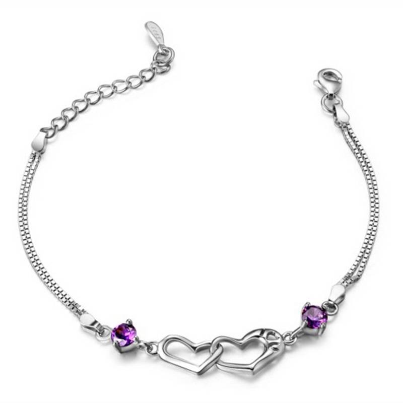 White Gold Plated S925 Silver Double Heart Amethyst Heart To Heart Ladies Bracelet Fashion Jewelry