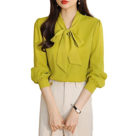Женская рубашка со шнуровкой и бантом на воротнике, с длинным рукавом, повседневная рубашка, однотонная, свободная, шифоновая рубашка, топы, повседневная одежда