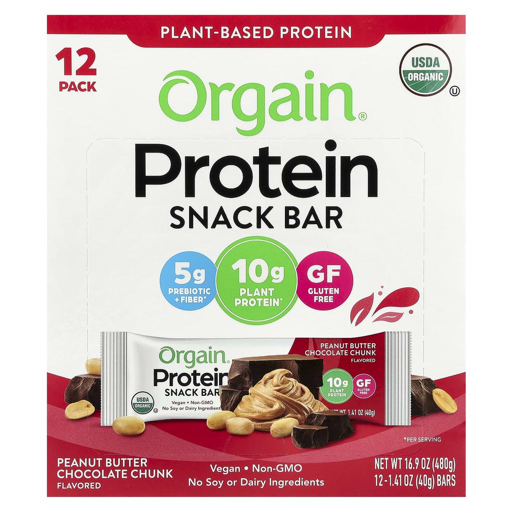 Organic Plant Protein Snack Bars, Peanut Butter Chocolate Chunks, 12 Count, 40G (1.41Oz) Each