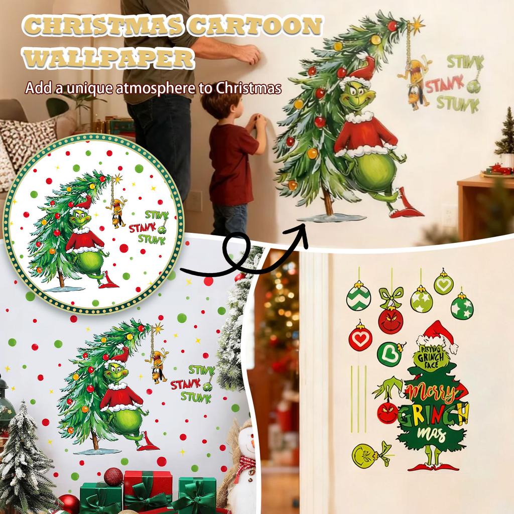 Рождественские стикеры на стену и окна Гринч! Мультяшный декор Зеленый Монстр для праздничного веселья, идеально подходит для преображения праздничного дома.