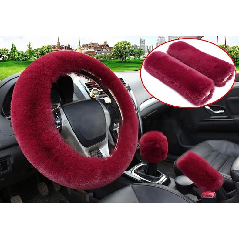 Pinbola 5Pcs In 1 Set Faux Wool Steering Wheel Cover Soft Fluffy Handbrake Cover & Gear Shift Cover & 2Pcs Seat Belt Shoulder Pads Warm Universal Fit