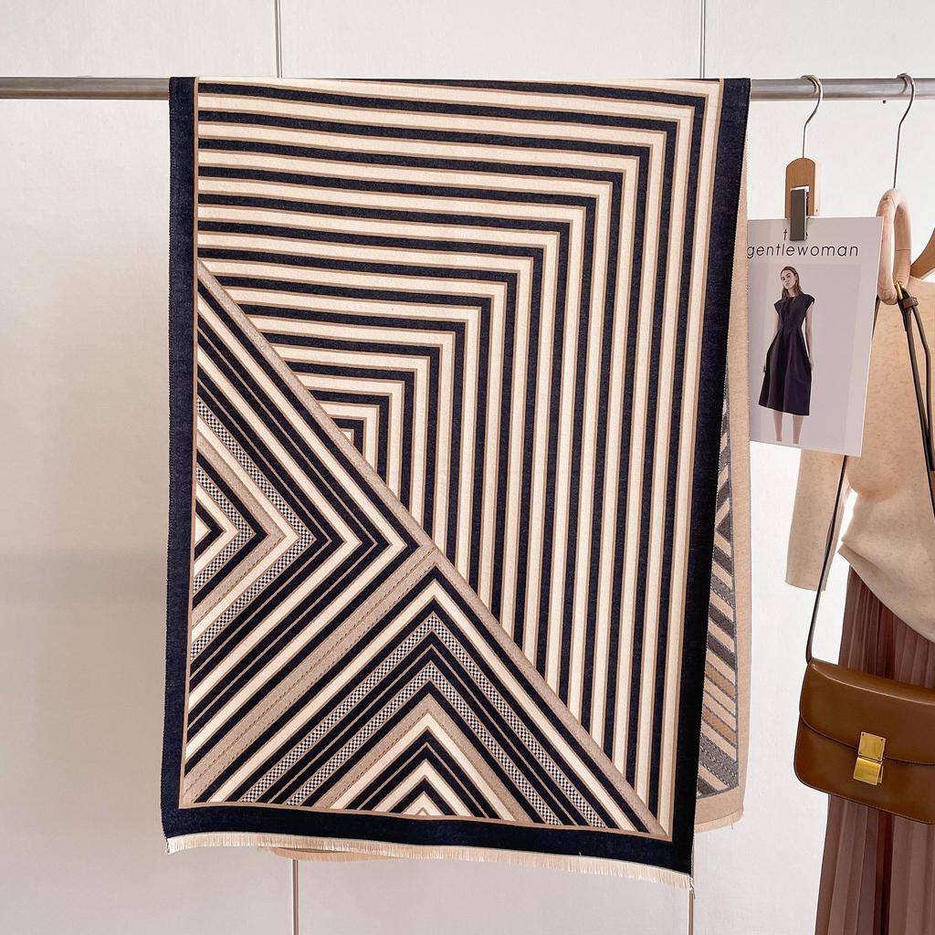 Striped Imitation Cashmere Double-Sided Scarf Simple Fashion Color Matching Warm Shawl Thickened Fringed Scarf Women