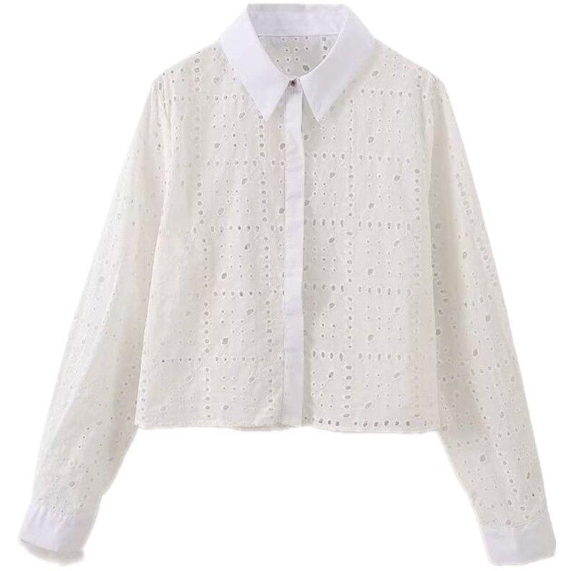 Fashion Summer New Product Women's Clothes Long Sleeves Lapel Loose Casual White Tops Cut Out Embroider Shirt 2859699