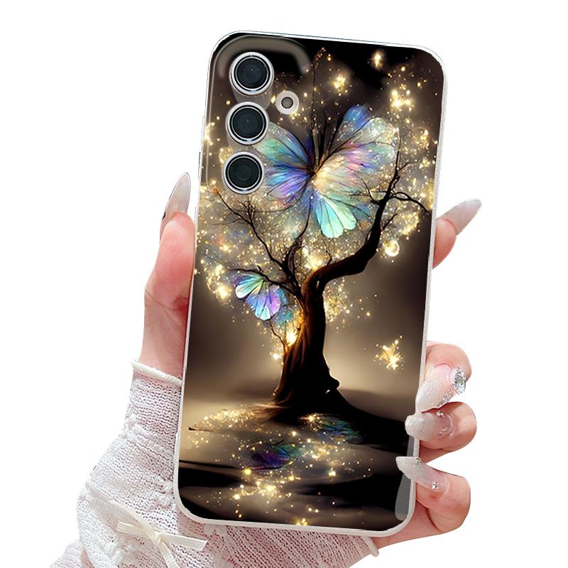 Чехол Shining Fantasy Tree с узором «Бабочки» для Samsung Galaxy S25 Edge S24 Ultra S23 S22 Plus S21 FE S26 Ultra Силиконовая крышка с текстурой кожи