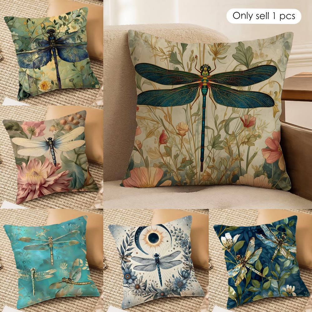 Retro Dragonfly Lotus Cushion Cover Short plush Doublesided Print Square Throw Pillow Covers Sofa Home Cushion Decor