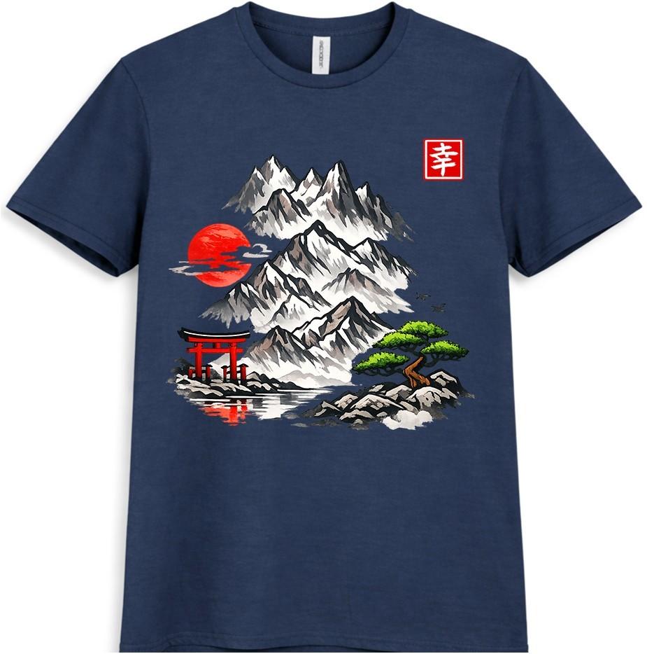 Japanese Landscape T Shirt Mountain Sakura Bonsai Art Graphic Tee