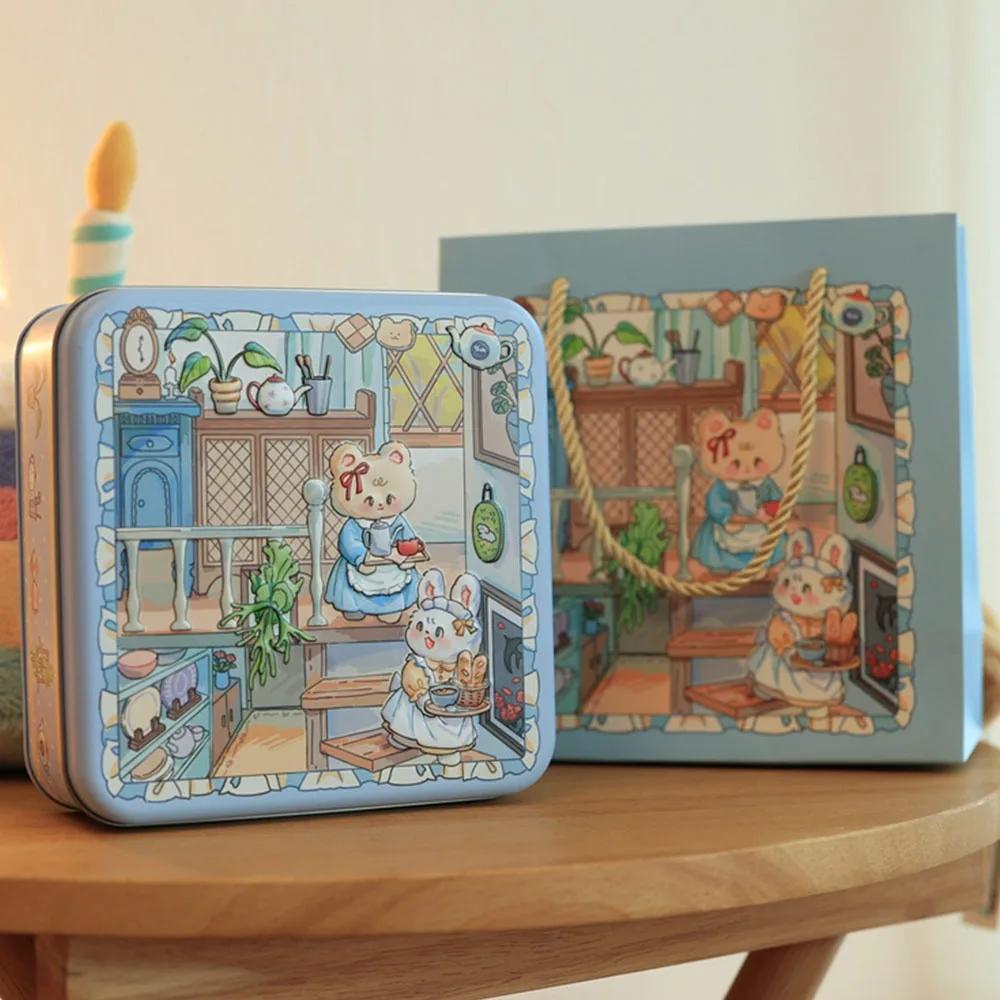 Durable Cartoon Rabbit Iron Box Multicolor 17*17*6cm Metal Storage Box with Lid Square Candy Box Money Contain