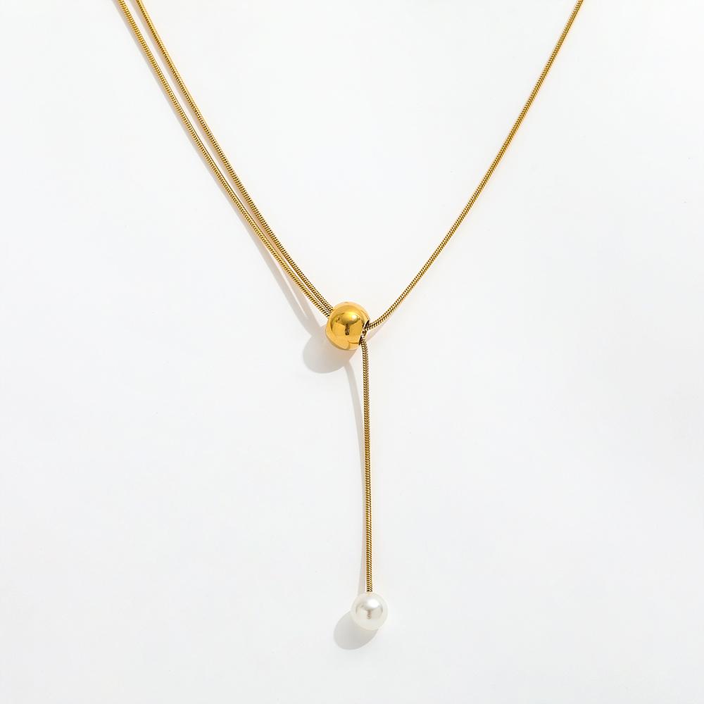 Fenny 18K Gold Plated Elegant Fresh Water Pearl Bead Pendant Sweater Chain Adjustable Stainless Steel Necklace