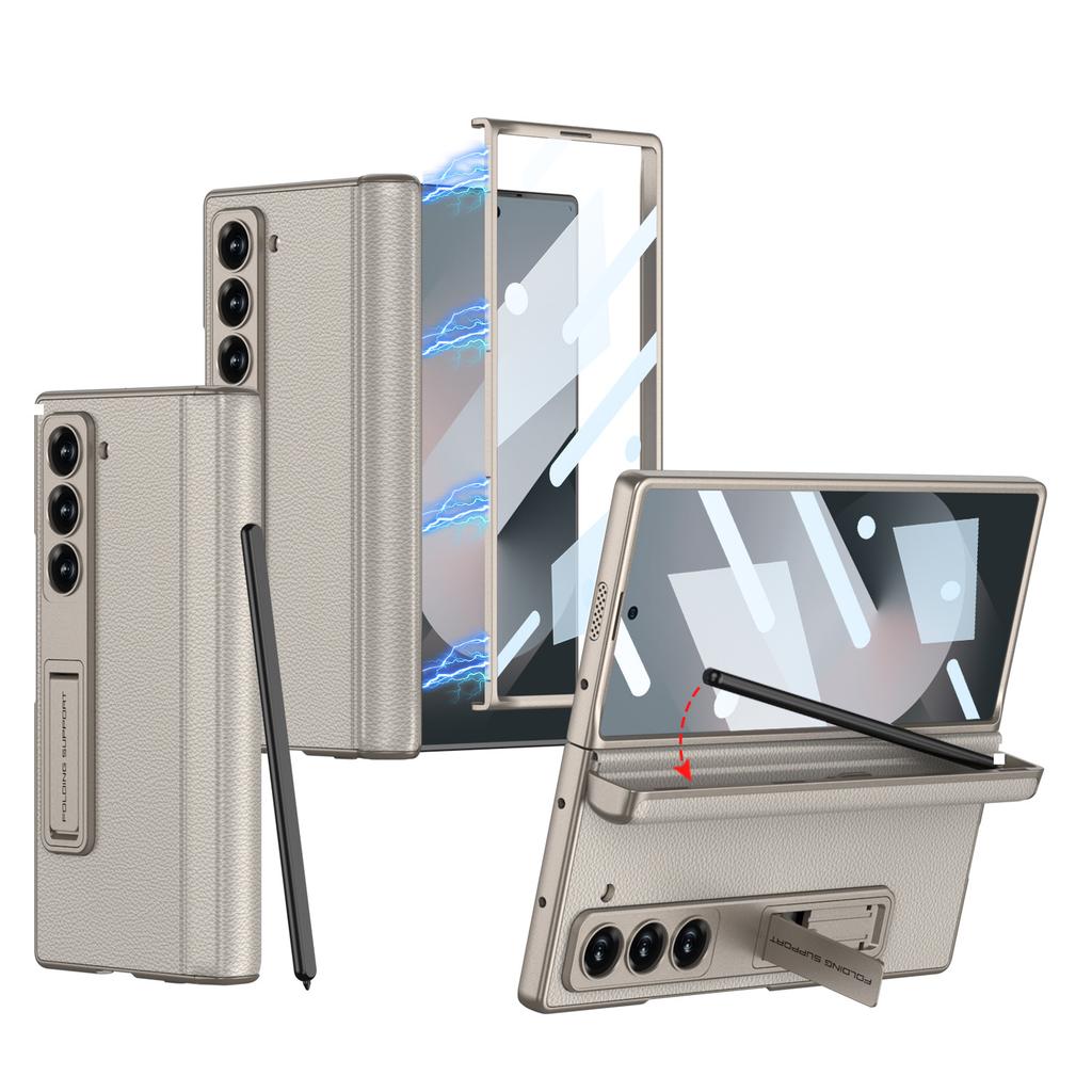 Чехол для мобильного телефона Samsung Fold6 Полностью закрывающий Противоударный Магнитная адсорбция Шарнир Складной Вращающийся вал Однотонный Кожаный Чехол-книжка с держателем для ручки Пленка-накладка