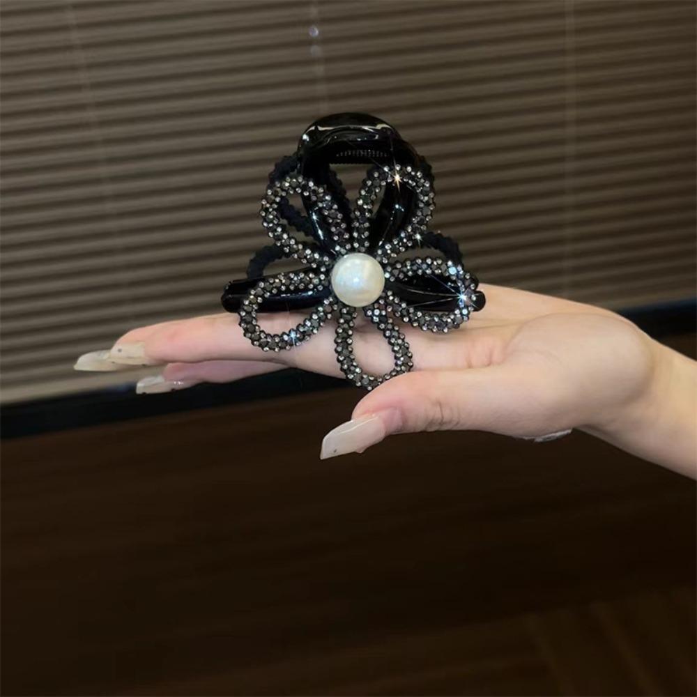 Zircon Flower Pearls Shark Clip Korean Style Shiny Hair Claw Rhinestone Shark Clip Daily