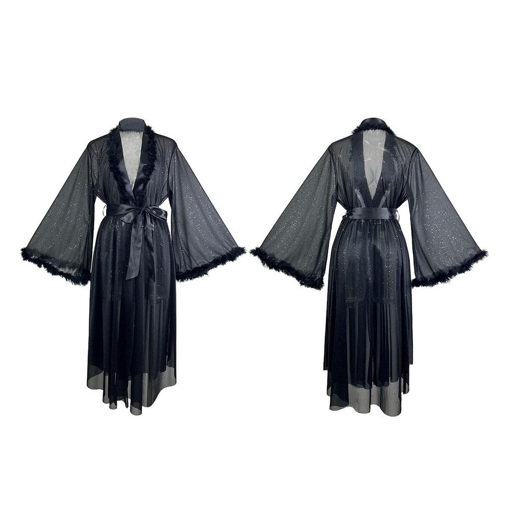 Женский пижамный набор Fiyun из серебристого шелка и халат - Легкая роскошь, Длинный рукав, Пушистый, Охлаждающий на ощупь, Домашняя одежда