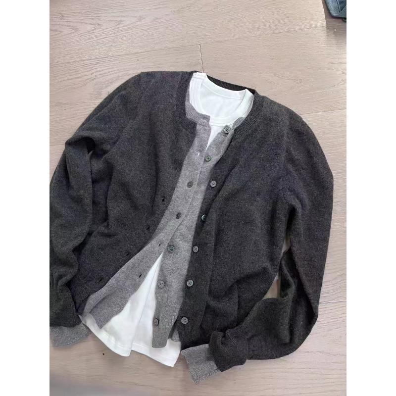 Autumn and Winter New Round Neck Slim-fitting Versatile and Thin Women's Top Fake Two-piece Knitted Cardigan Sweater Women