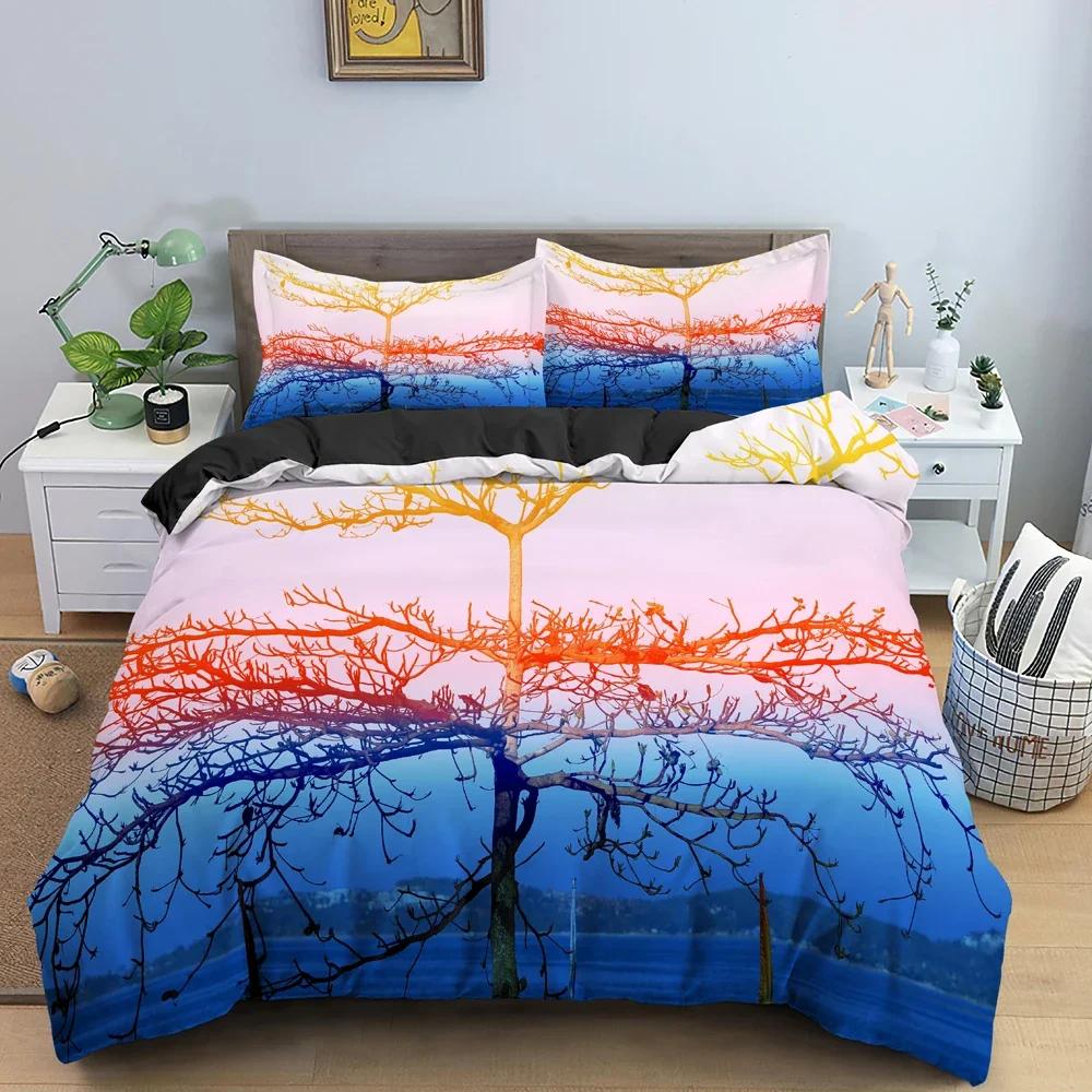 3D Landscape Tree Silhouette Against Sunset Sky Bedding Set Single Twin Double Queen King Cal King Size Bed Linen Set
