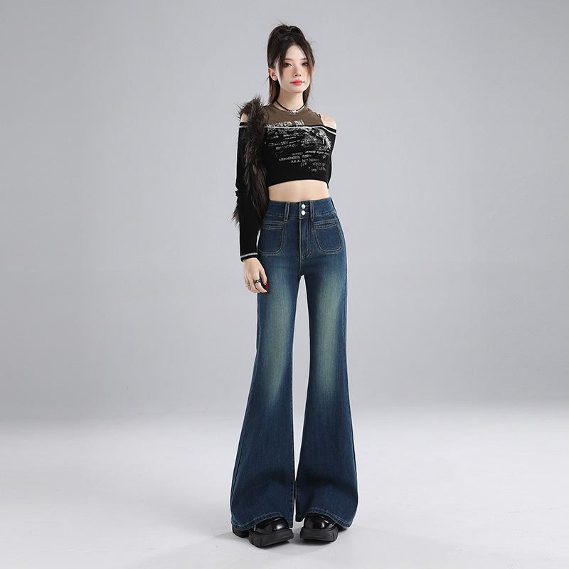 Autumn and winter black and gray slightly pulled jeans women's new autumn high-waisted thin small flared pants