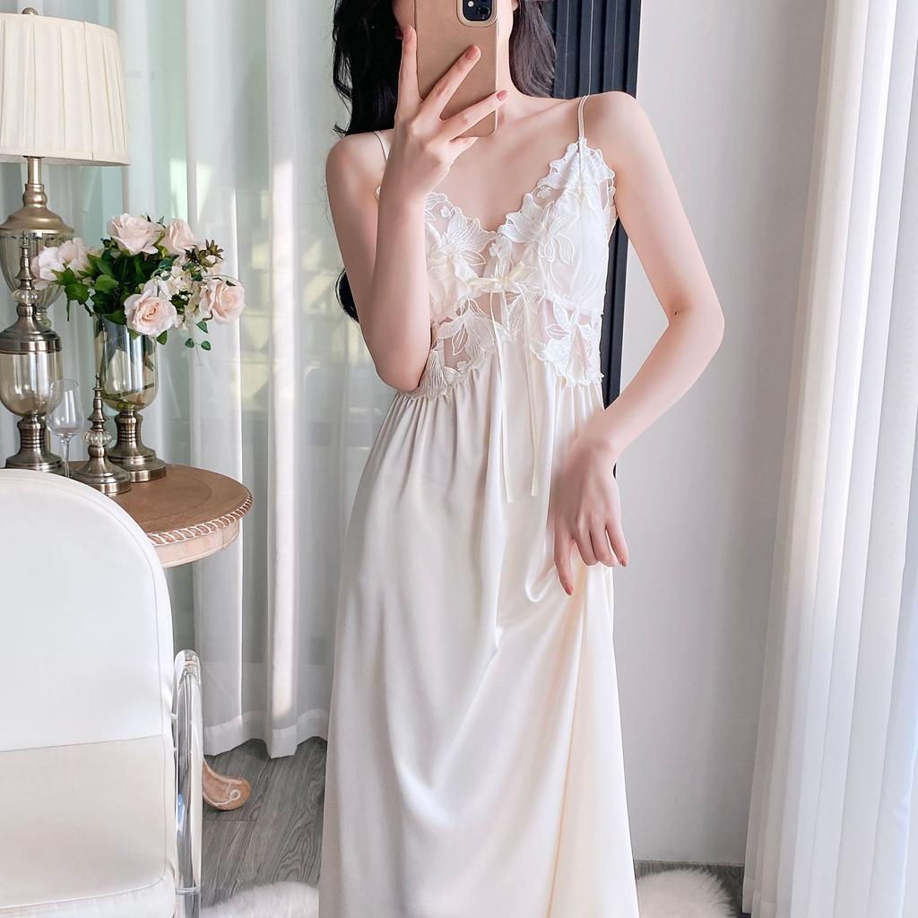 Ice silk pajamas women's spring and autumn long suspender pajamas, two summer pure desire sexy chest pad long skirts and robes