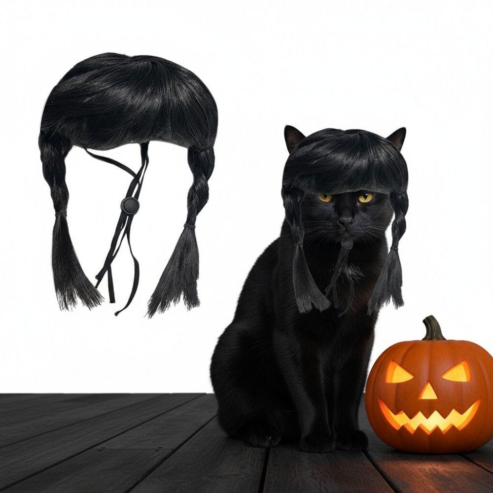 Funny Double Ponytail Pet Hairpiece Black Cosplay Wig Easy to Wear Animal Wig Festival Cosplay