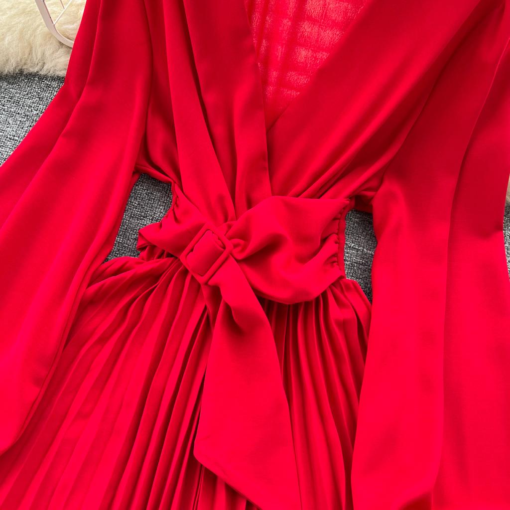 Autumn Women Vintage Pleated Midi Dress Elegant V-Neck Puff Long Sleeve High Waist A-Line Red Green Dresses