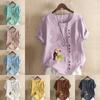 Women's Fashion Round Neck Short Sleeve T-shirt Casual Cotton Linen Pattern Shirt Leisure Loose Bird Prined Summer Blouse Tops