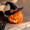 Weighted Solid Resin Figurines Halloween Pumpkin Ornament with Witch Hat, Jack O Lantern Decorative Lamp, Tabletop Figurine for Party Spooky