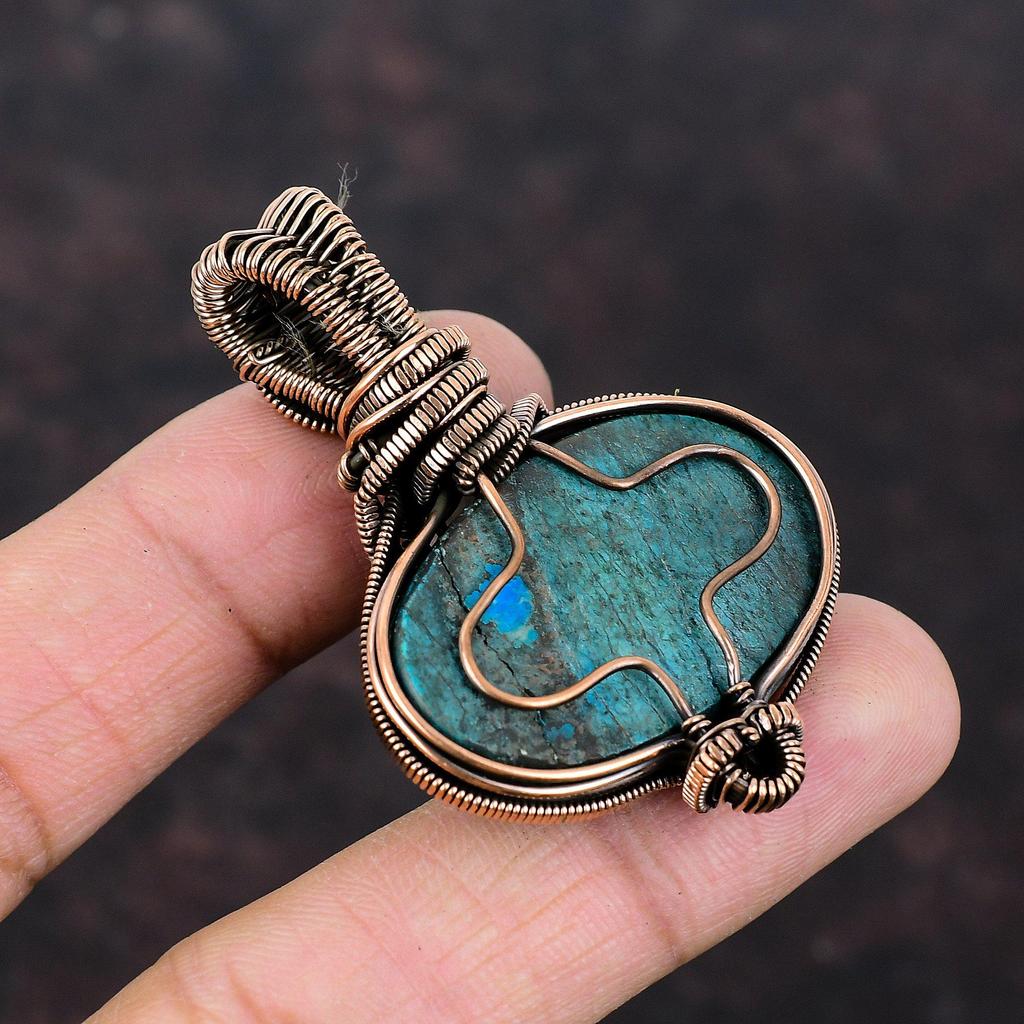 Подвеска из аризонской бирюзы и меди, украшения, обмотанные медной проволокой, подвеска из драгоценного камня ручной работы, подвеска из радужного лунного камня, обмотанная проволокой, подарок для нее