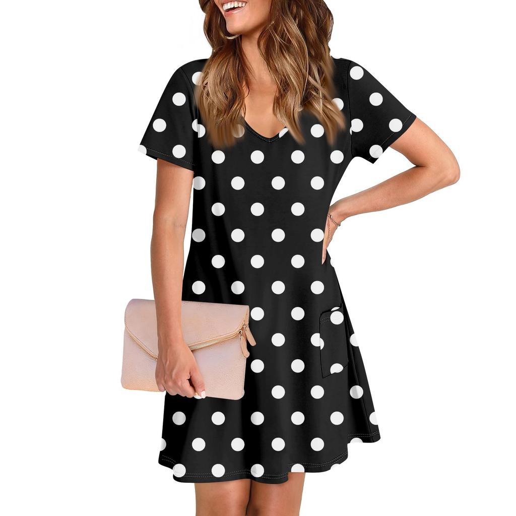 Женское повседневное и модное платье средней длины с V-образным вырезом и коротким рукавом с принтом