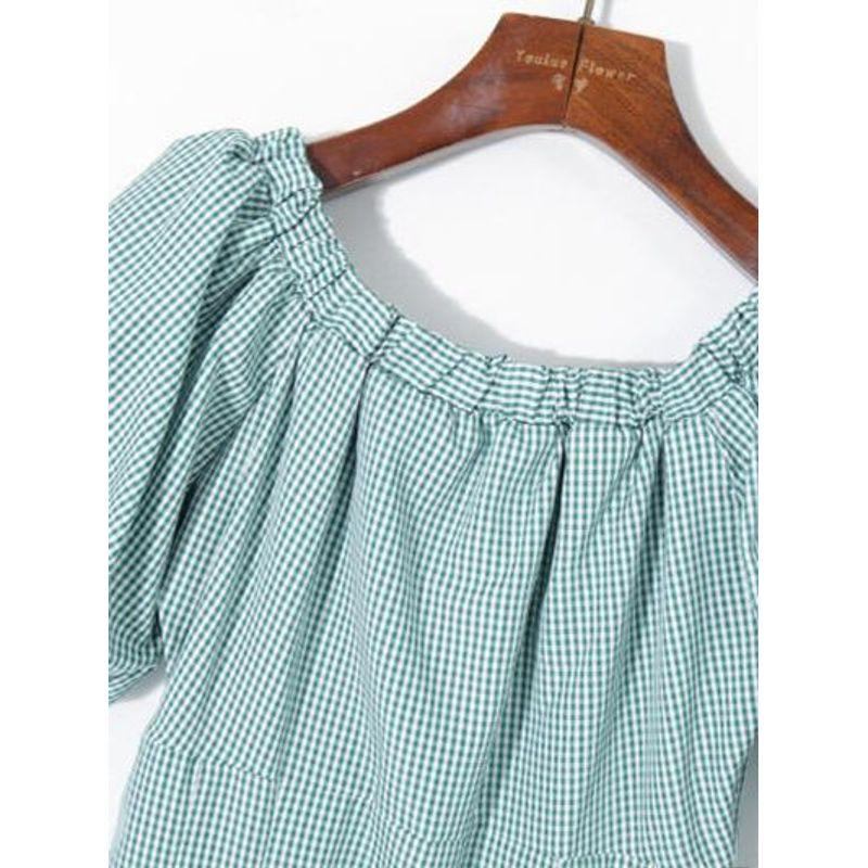 2025 Summer Women clothes Fresh Color Matching Plaid Off-Neck Pullover Puff sleeve High Waist Slim fit Age Reducing Dress