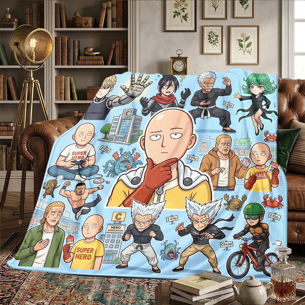 One-Punch Man Flannel Blanket Printed Comfortable Warm, Fits Bedrooms, Sofas, Beds, Chairs, Picnics, Travel -HE39