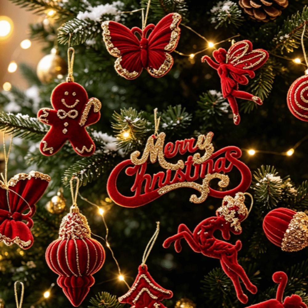 Red Flocked Velvet Christmas Tree Ornament Glitter Trim Xmas Pendant Tree Hanger Festival Layout
