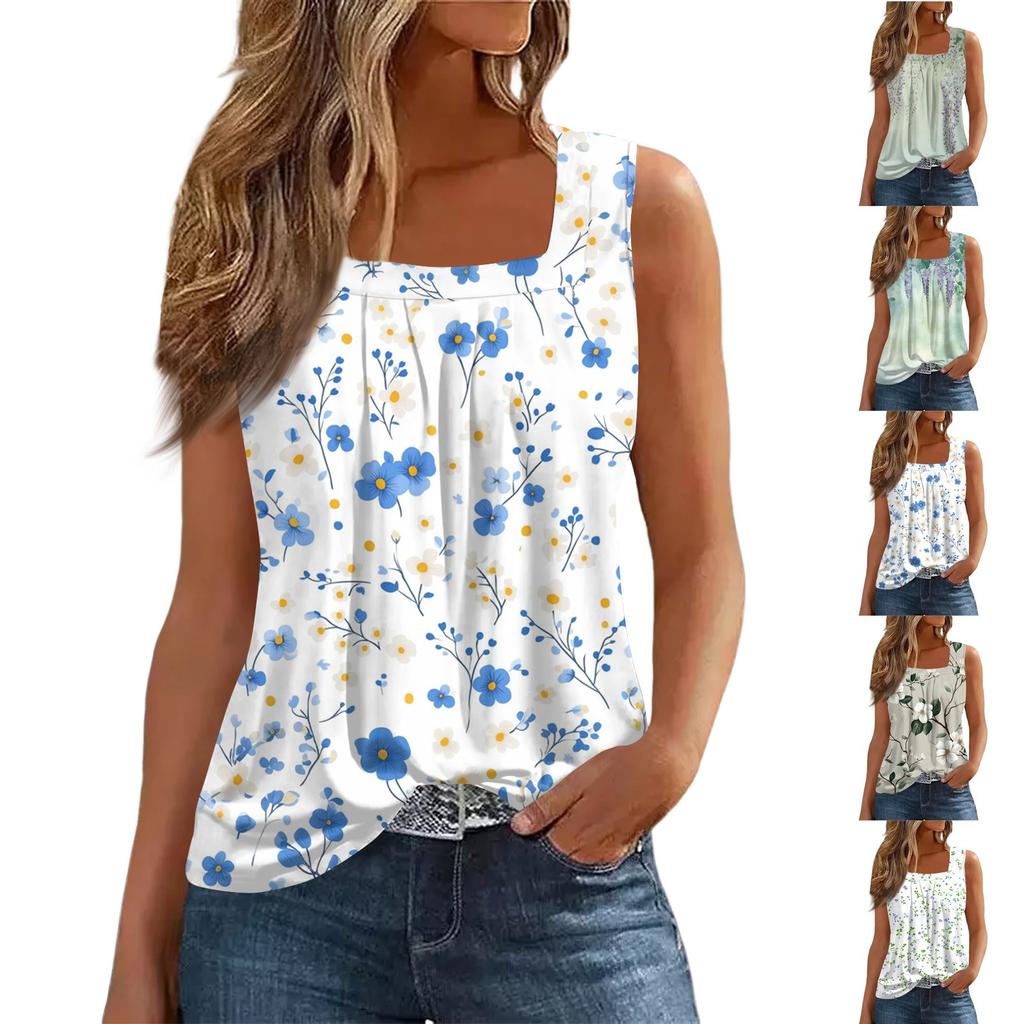 Square Collar Tank Top Women Print Tank Tee Casual Loose Fit Sleeveless Shirt